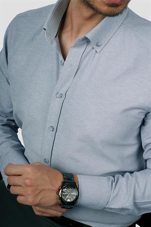 Gri Yaka Düğmeli Premium Şamre Slimfit Erkek Gömlek