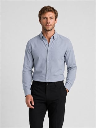 Gri Yaka Düğmeli Premium Şamre Slimfit Erkek Gömlek