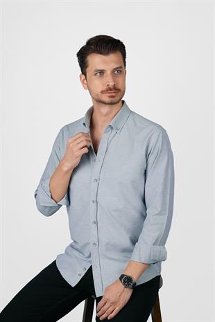 Gri Yaka Düğmeli Premium Şamre Slimfit Erkek Gömlek
