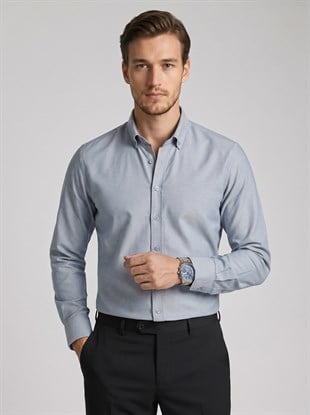Gri Yaka Düğmeli Premium Şamre Slimfit Erkek Gömlek