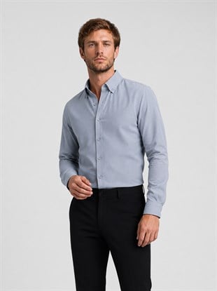 Gri Yaka Düğmeli Premium Şamre Slimfit Erkek Gömlek
