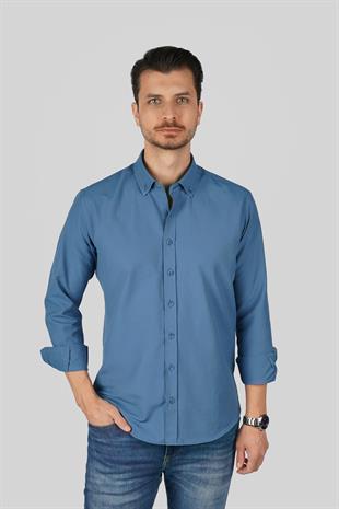 İndigo Yaka Düğmeli Premium Şamre Slimfit Erkek Gömlek