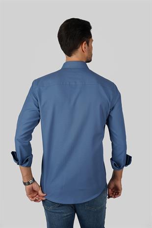 İndigo Yaka Düğmeli Premium Şamre Slimfit Erkek Gömlek
