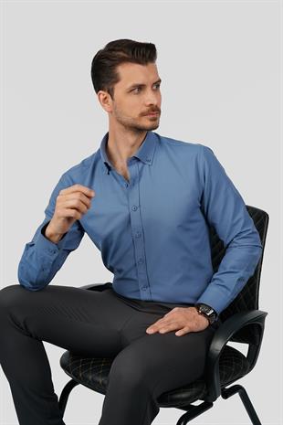 İndigo Yaka Düğmeli Premium Şamre Slimfit Erkek Gömlek