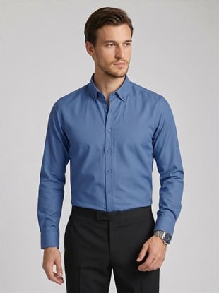 İndigo Yaka Düğmeli Premium Şamre Slimfit Erkek Gömlek