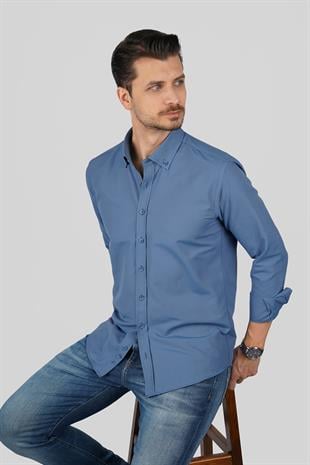 İndigo Yaka Düğmeli Premium Şamre Slimfit Erkek Gömlek