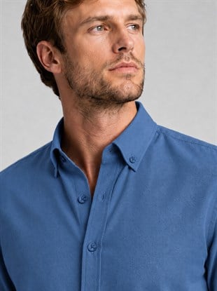 İndigo Yaka Düğmeli Premium Şamre Slimfit Erkek Gömlek