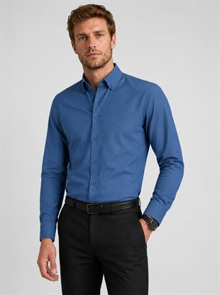 İndigo Yaka Düğmeli Premium Şamre Slimfit Erkek Gömlek