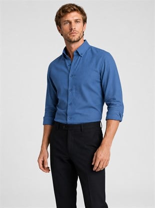 İndigo Yaka Düğmeli Premium Şamre Slimfit Erkek Gömlek