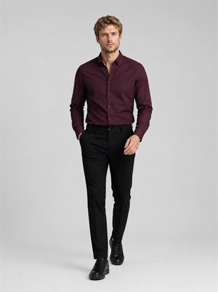 Koyu Bordo Yaka Düğmeli Premium Şamre Slimfit Erkek Gömlek