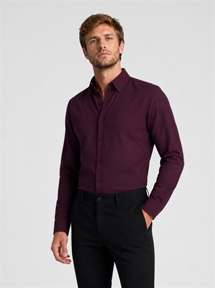 Koyu Bordo Yaka Düğmeli Premium Şamre Slimfit Erkek Gömlek