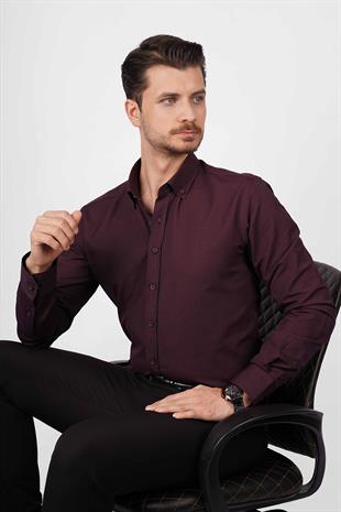 Koyu Bordo Yaka Düğmeli Premium Şamre Slimfit Erkek Gömlek