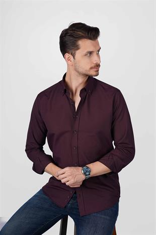 Koyu Bordo Yaka Düğmeli Premium Şamre Slimfit Erkek Gömlek
