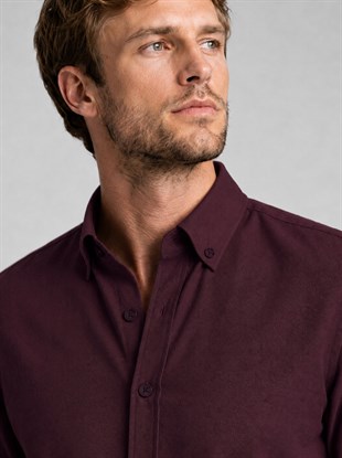 Koyu Bordo Yaka Düğmeli Premium Şamre Slimfit Erkek Gömlek
