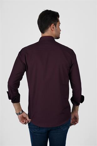 Koyu Bordo Yaka Düğmeli Premium Şamre Slimfit Erkek Gömlek