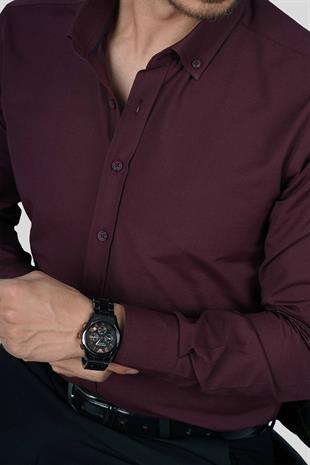 Koyu Bordo Yaka Düğmeli Premium Şamre Slimfit Erkek Gömlek