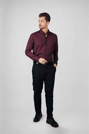 Koyu Bordo Yaka Düğmeli Premium Şamre Slimfit Erkek Gömlek