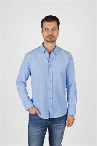 Koyu Mavi Yaka Düğmeli Premium Şamre Slimfit Erkek Gömlek