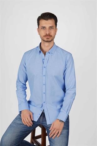 Koyu Mavi Yaka Düğmeli Premium Şamre Slimfit Erkek Gömlek