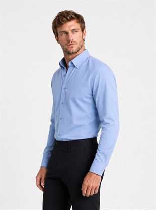 Koyu Mavi Yaka Düğmeli Premium Şamre Slimfit Erkek Gömlek