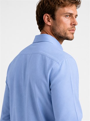 Koyu Mavi Yaka Düğmeli Premium Şamre Slimfit Erkek Gömlek