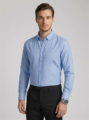 Koyu Mavi Yaka Düğmeli Premium Şamre Slimfit Erkek Gömlek