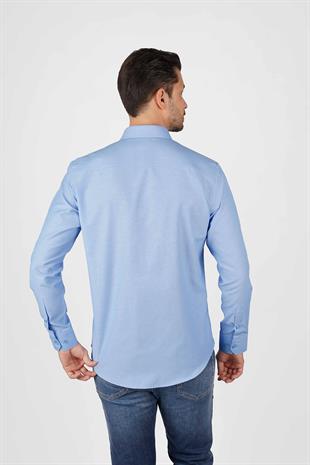 Koyu Mavi Yaka Düğmeli Premium Şamre Slimfit Erkek Gömlek