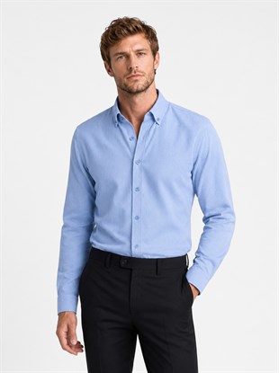 Koyu Mavi Yaka Düğmeli Premium Şamre Slimfit Erkek Gömlek