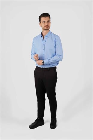 Koyu Mavi Yaka Düğmeli Premium Şamre Slimfit Erkek Gömlek