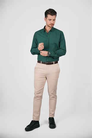 Koyu Yeşil Yaka Düğmeli Premium Şamre Slimfit Erkek Gömlek
