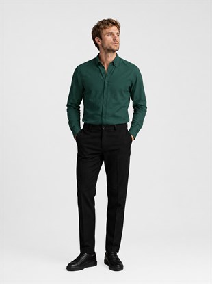 Koyu Yeşil Yaka Düğmeli Premium Şamre Slimfit Erkek Gömlek
