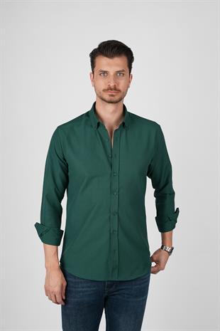 Koyu Yeşil Yaka Düğmeli Premium Şamre Slimfit Erkek Gömlek