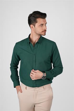 Koyu Yeşil Yaka Düğmeli Premium Şamre Slimfit Erkek Gömlek