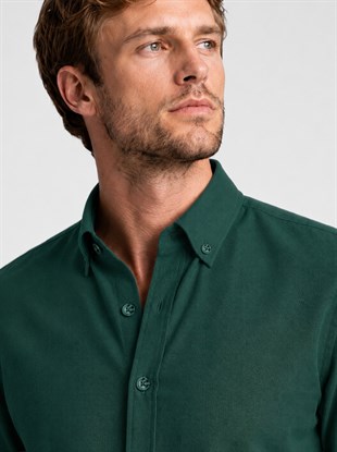 Koyu Yeşil Yaka Düğmeli Premium Şamre Slimfit Erkek Gömlek