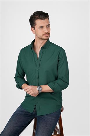 Koyu Yeşil Yaka Düğmeli Premium Şamre Slimfit Erkek Gömlek