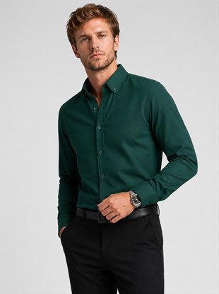 Koyu Yeşil Yaka Düğmeli Premium Şamre Slimfit Erkek Gömlek