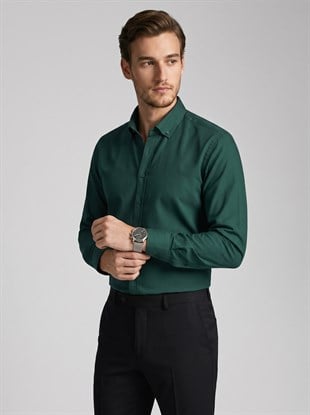 Koyu Yeşil Yaka Düğmeli Premium Şamre Slimfit Erkek Gömlek