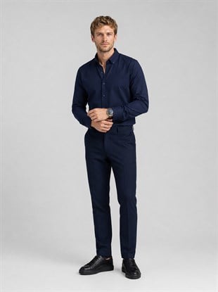 Lacivert Yaka Düğmeli Premium Şamre Slimfit Erkek Gömlek