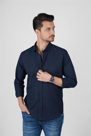 Lacivert Yaka Düğmeli Premium Şamre Slimfit Erkek Gömlek