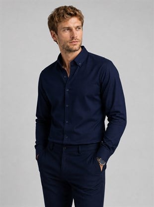 Lacivert Yaka Düğmeli Premium Şamre Slimfit Erkek Gömlek