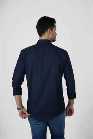 Lacivert Yaka Düğmeli Premium Şamre Slimfit Erkek Gömlek