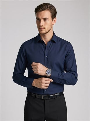 Lacivert Yaka Düğmeli Premium Şamre Slimfit Erkek Gömlek