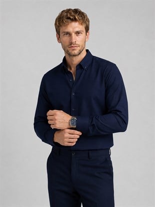 Lacivert Yaka Düğmeli Premium Şamre Slimfit Erkek Gömlek