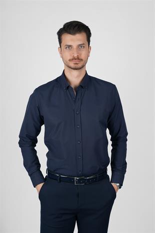 Lacivert Yaka Düğmeli Premium Şamre Slimfit Erkek Gömlek