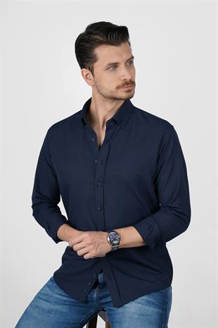 Lacivert Yaka Düğmeli Premium Şamre Slimfit Erkek Gömlek