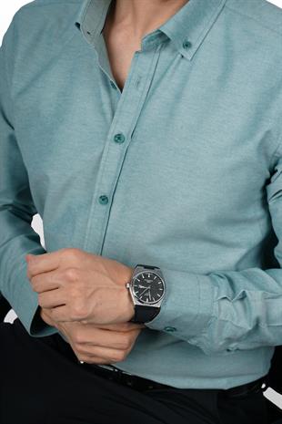 Mint Yeşili Yaka Düğmeli Premium Şamre Slimfit Erkek Gömlek