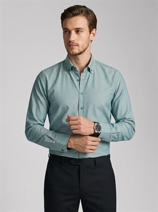 Mint Yeşili Yaka Düğmeli Premium Şamre Slimfit Erkek Gömlek