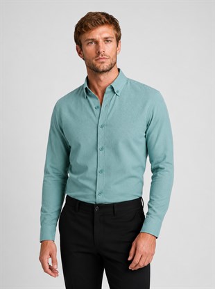 Mint Yeşili Yaka Düğmeli Premium Şamre Slimfit Erkek Gömlek