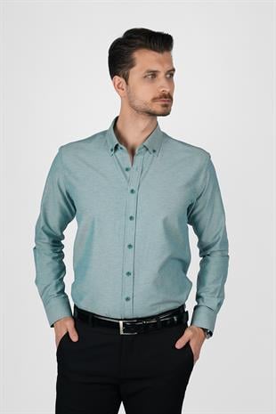Mint Yeşili Yaka Düğmeli Premium Şamre Slimfit Erkek Gömlek