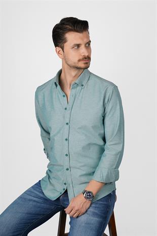 Mint Yeşili Yaka Düğmeli Premium Şamre Slimfit Erkek Gömlek